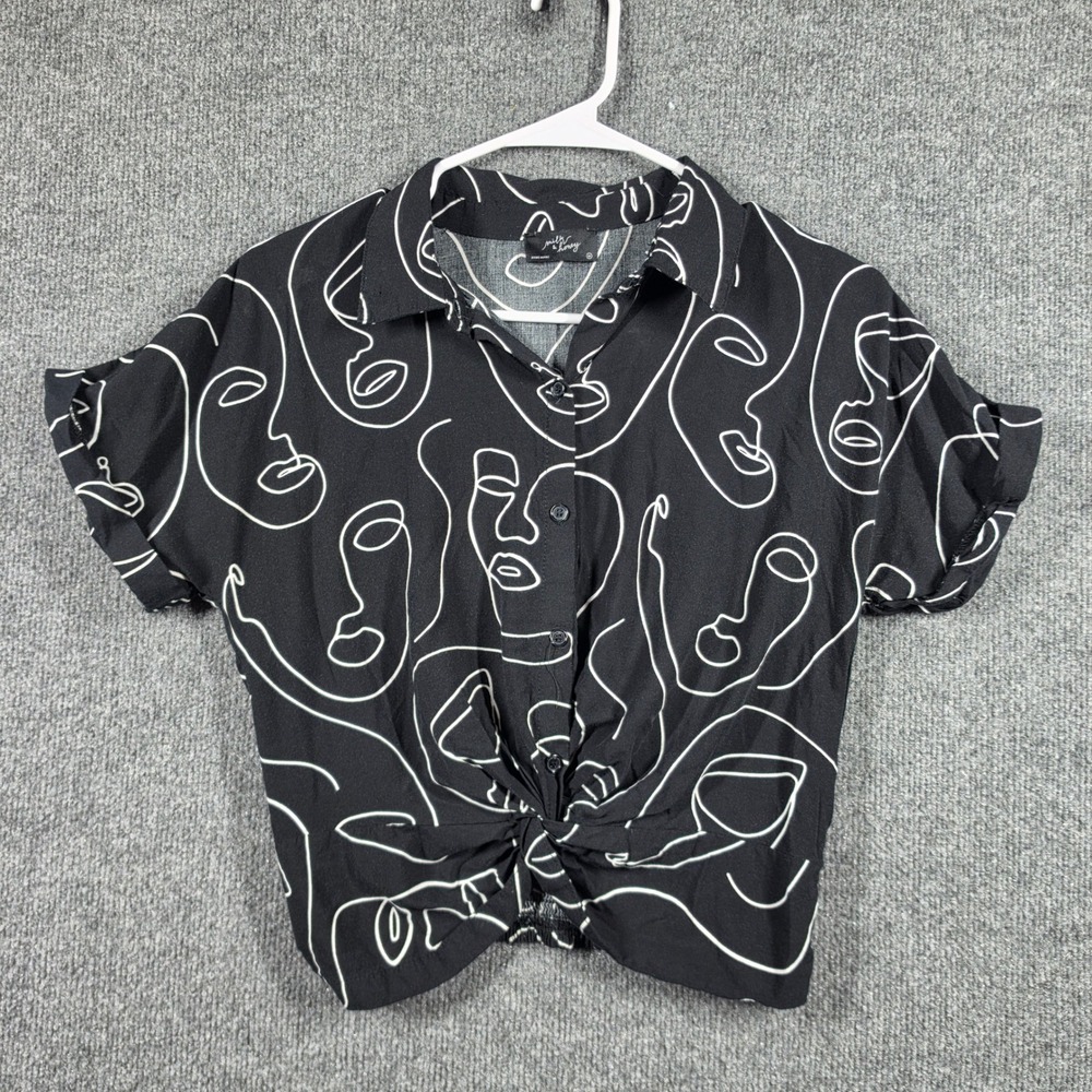 Milk + Honey Shirt Womens Medium  Face Line Art Boho Front Tie Knot Rayon